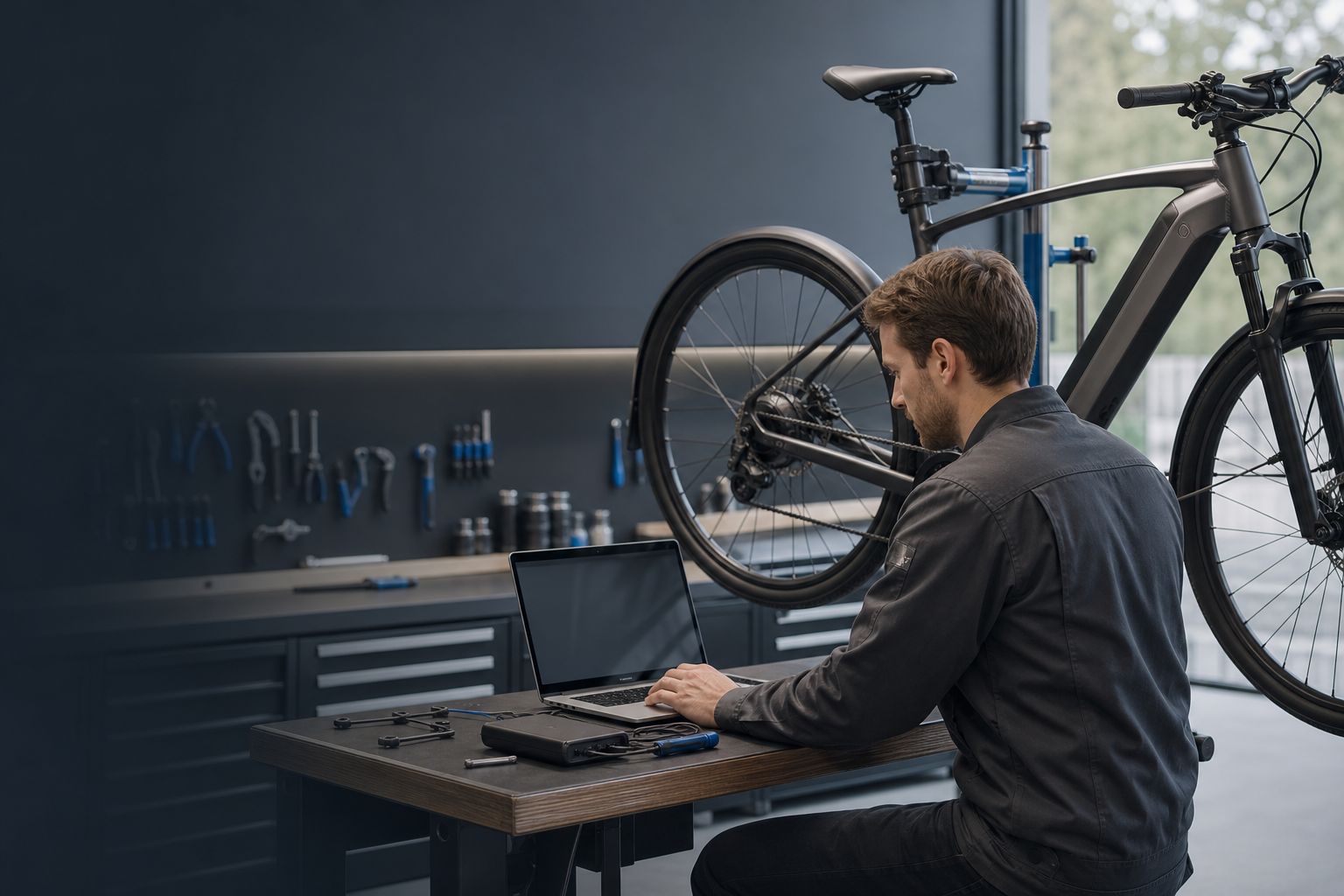 A technician diagnosing an electric bicycle drive system in a dealer workshop